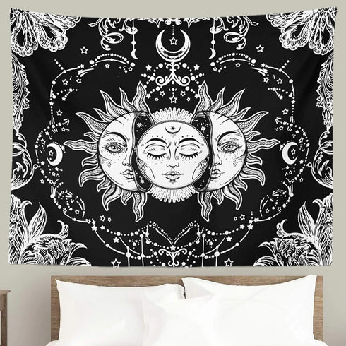 Ftuency Black and White Sun and Moon Tapestry, Mystic Burning Sun Wall Hanging Decor for Bedroom (59" W x 51" L)