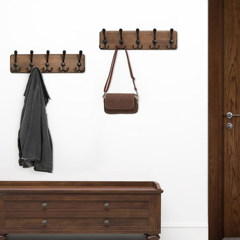 WEBI Rustic Coat Rack Wall Mount, Solid Wood Coat Hooks, 16" Hole to Hole, 5 Triple Hooks for Hanging Coats