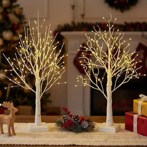 AOLTNRC 2 Pack 144 2FT Lighted Trees for Indoor Decor with Timer, LED White Light up Birch Tree Tabletop Lamp