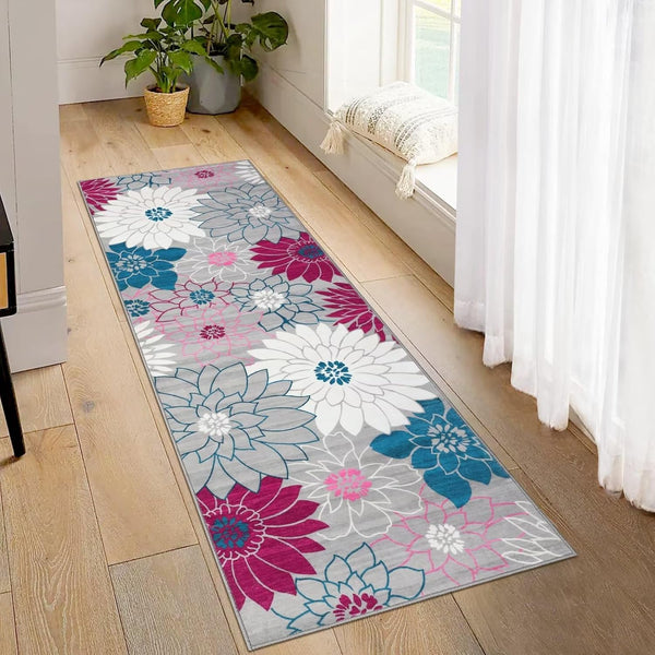 GAOMON Runner Rug 2x6 Floral Washable Kitchen Runner, Modern Farmhouse Easy-Cleaning Hallway Rug, Light Grey