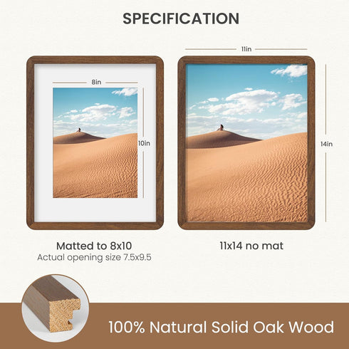 Dreamland 11x14 8x10, 11 14 Picture Frame with Mat for USA-Sourced Natural Oak Wood Photo Frames with Resistant
