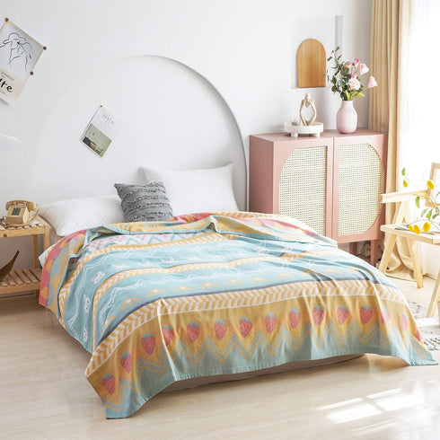 MEJU Summer 100% 2 80 90 Boho Bunny Rabbit Green Muslin Lightweight Strawberry Blanket Throw for Bed Sofa Couch, Cotton