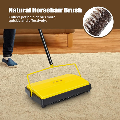 Carpet Sweeper Manual Push with Horsehair Brush, Non Electric Floor Roller Broom for Pet Hair