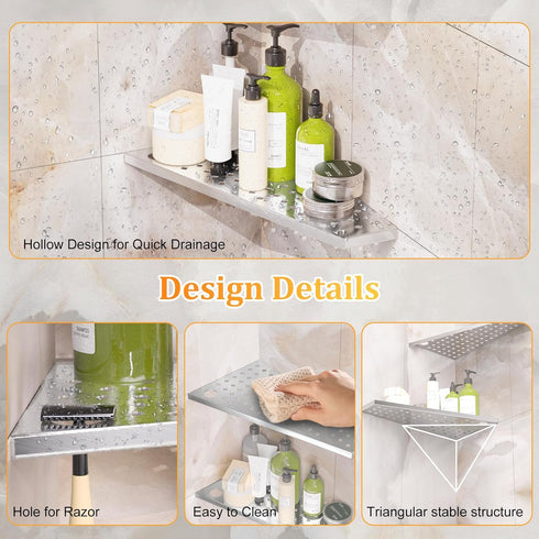 mivndeeopu 12" 2-Pcs, 304 Corner Shower Shelf Rustproof Stainless Steel Corner Shower Shelves with Razor Holder Slot