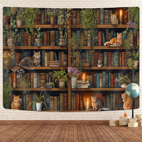 GOAOK Magic Library Tapestry, Green Nature Plant Bookshelf Tapestries for Classroom, Vintage