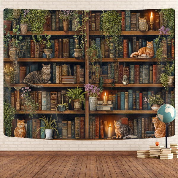 GOAOK Magic Library Tapestry, Green Nature Plant Bookshelf Tapestries for Classroom, Vintage