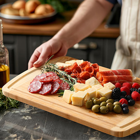 Large Wooden Cutting Board for Kitchen Meal Prep & Serving, Bamboo with Juice Groove, 16" x 10"