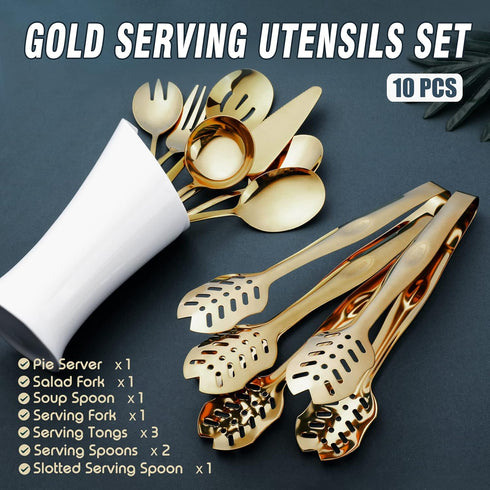 OGORI 10-Piece Gold Serving Utensils Set, Polished Stainless Steel Includes Spoons, Tongs, Forks, and Ladle