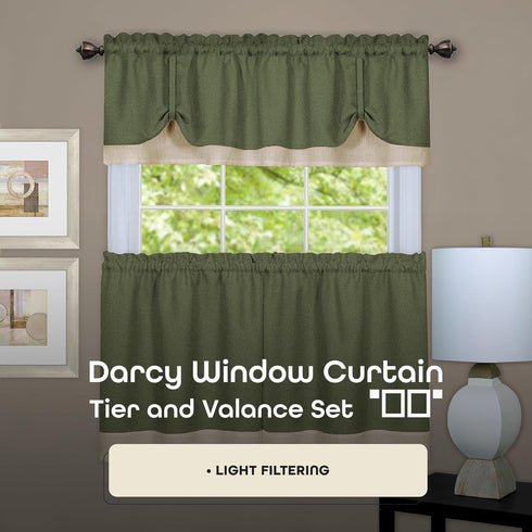 Darcy (Green/Camel) Tier and Valance Window Curtain Set - 58 Inch Width, 36 Inch Length - Light Filtering Drapes for