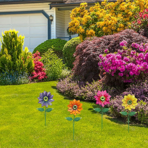 YEAHOME 4 Pack Garden Decor, 20'' Flower Garden Stakes, Metal Flowers for Outdoor Lawn
