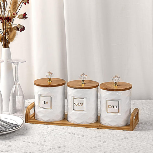 JUXYES Set 3 Set Sets Counter of Ceramic Canisters for Sugar Coffee Tea With Handle Tray, Luxurious Storage Containers