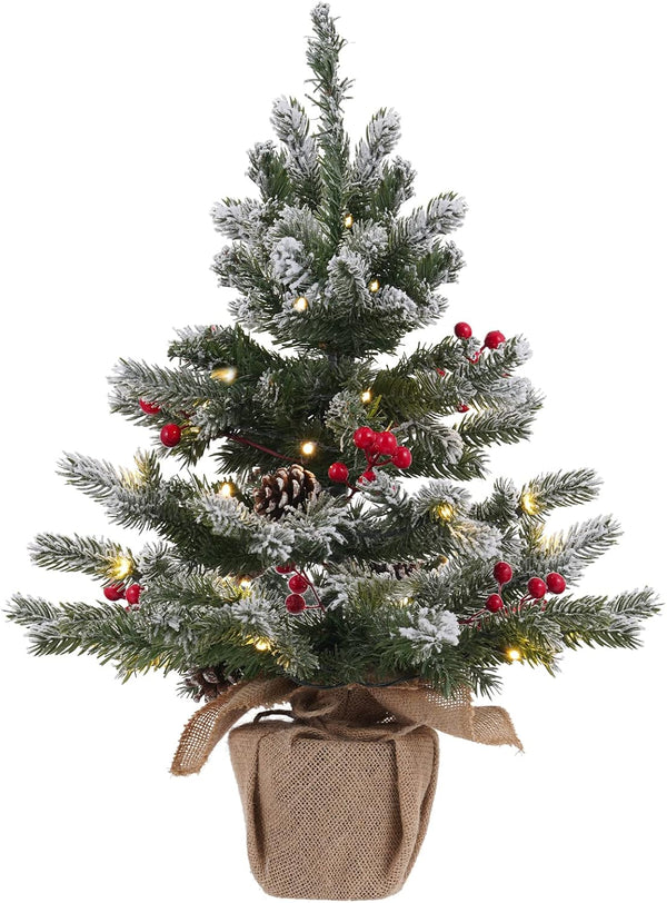 24 Inch 2 FT Pre-lit Snowy Mini Christmas Tree, DECSPAS Small Tabletop Flocked Tree with 20 LED Lights for Holiday Party