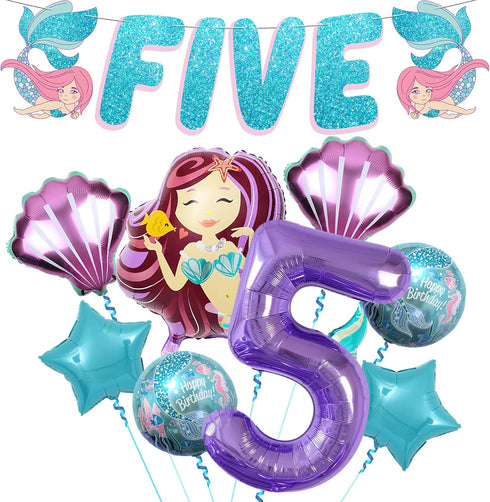 KatchOn Shiny Mermaid 5th Birthday Decorations - Pack of 9, Mermaid Balloons, Banners, Party Decorations