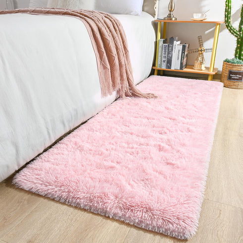 2x6 Keeko Pink Runner Rugs for Bedroom Girls Room, Fluffy Bedside Kids Room Rug Shag Cute Indoor Baby Rugs Fuzzy Modern
