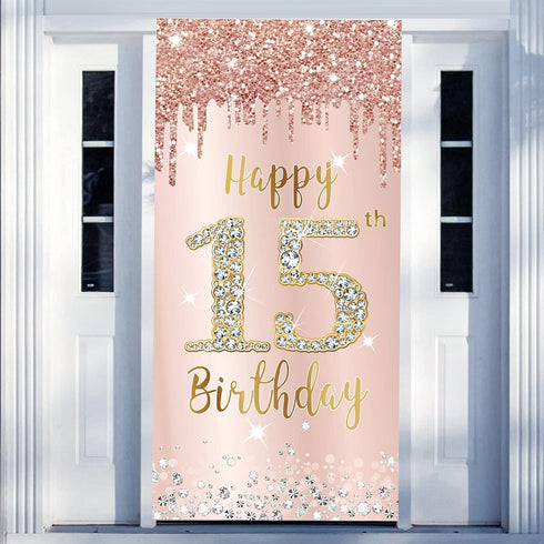 Happy 15th Birthday Door Banner Decorations, Pink Rose Gold 15 Birthday Party Backdrop Sign Supplies