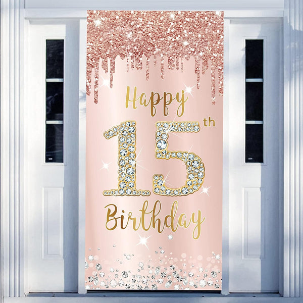 Happy 15th Birthday Door Banner Decorations, Pink Rose Gold 15 Birthday Party Backdrop Sign Supplies