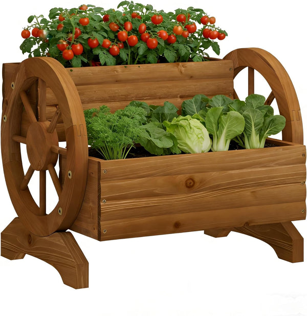 PULIJIAJU Wooden Wagon Planter Flower Cart with Wheels Garden Box Garden Planter, Decorative