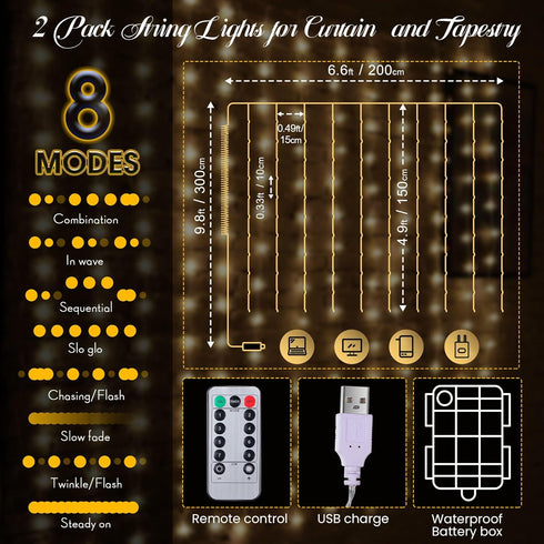 195 6.5 5 8 1 Pack Tuanse LED Curtain Tapestry Lights Backdrop String Lights, x Feet Hanging Fairy Curtain Light