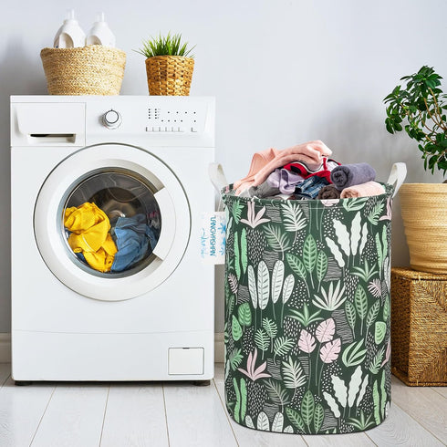 LANGYASHAN Laundry Basket - Canvas Fabric Collapsible Organizer for Storage Bin, Toy Bins, Gift Baskets (Round Leaf)