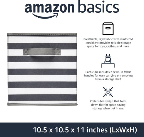 Amazon Basics Collapsible Fabric Storage Cube Organizer with Handles, 10.5 x 10.5 x 11 Inch, White/ Light Grey Stripe - Pack of 6