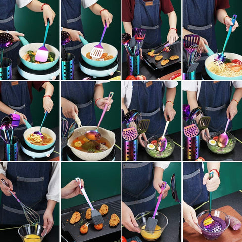 Rainbow Kitchen Utensils Set, 13 Pieces Stainless Steel Cooking Tools Set with Titanium Rainbow Plating, Utensil Holder