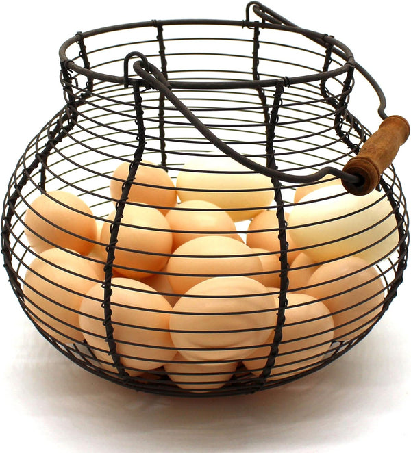 CVHOMEDECO Antique Wire Egg Basket, Vintage Gathering Basket with Wood Handle, Rusty