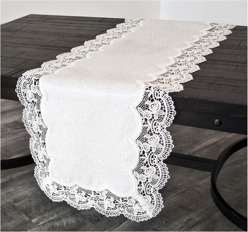 White Royal Rose European Antique Lace Jacquard Table Runner, Dresser Scarf (16Wx36L)