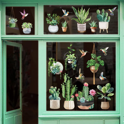 wondever Hanging Potted Plant Window Clings Tropical Botanical Cactus Hummingbirds Glass Sticker Decal Anti Collision Double-Side Static Window Decals for Home Glass Window