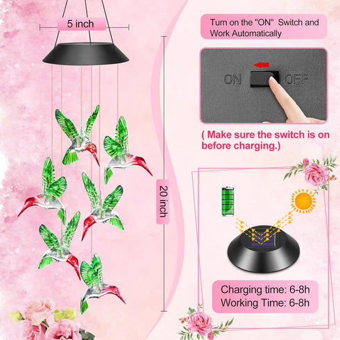 Winzwon Solar Hummingbird Wind Chimes - Birthday Gifts for Women Mom Grandma, Outdoor Decor Hanging Mobile