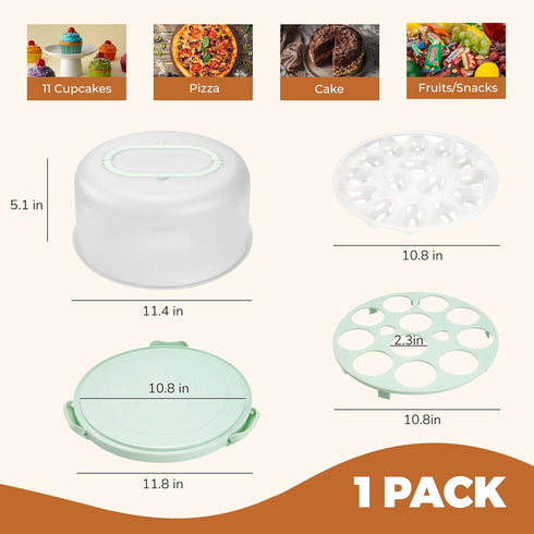 Green Round Cake Containers with Lids, 4-in-1 Multipurpose Cupcake Holders for 11 Inch Cake Pies Snacks