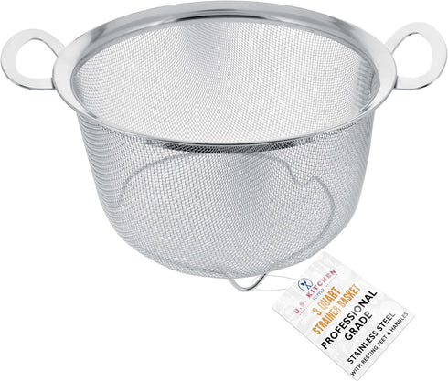 U.S. Kitchen Supply Stainless Steel Colander Strainer Basket, 3-Quart with Resting Feet & Handles