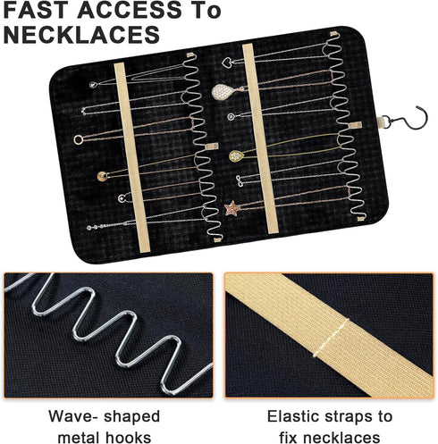 Double Sided Hanging Jewelry Organizer, 32/48 Pockets, 14/21 Hook Loops, Foldable Travel Jewelry Roll Organizer for
