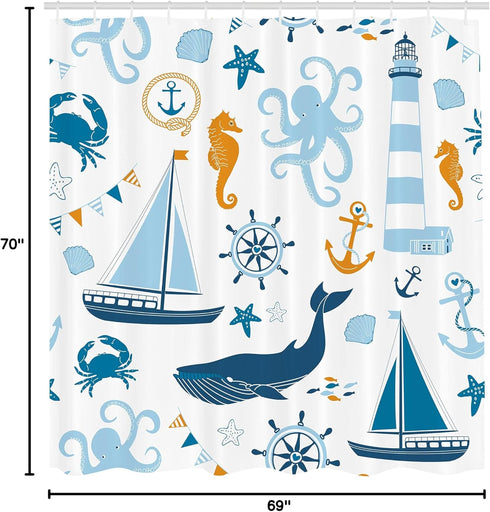 Ambesonne Nautical Shower Curtain, Blue Orange Pastel Composition of Lighthouse Sailboat Fish Shells Octopus, 69" W x