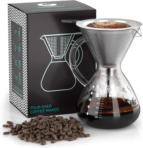 Coffee Gator Pour Over Coffee Maker, 27 oz, Portable Drip Brewer Set with Glass Carafe & Stainless-Steel Filter