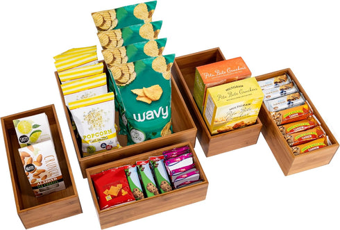 Seville Classics Bamboo Wood Storage Bins - Organizer Boxes for Kitchen, Pantry, Closet, Office (5 Piece 3-Size Set)