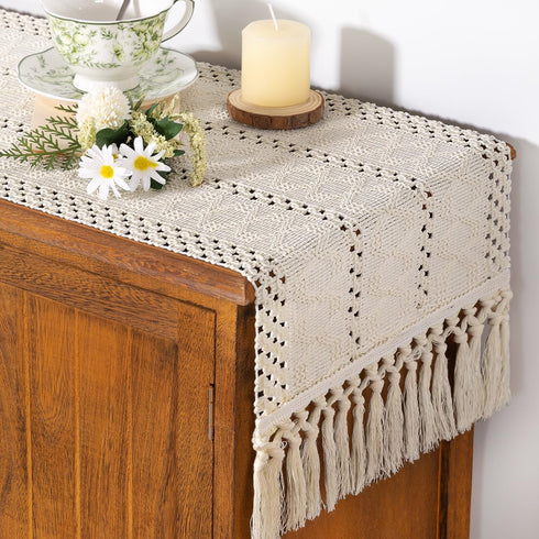 Summer 12x48 inch Socomi Boho Table Runner Farmhouse Rustic Dining Kitchen Centerpiece Decor Small Macrame Woven Cotton
