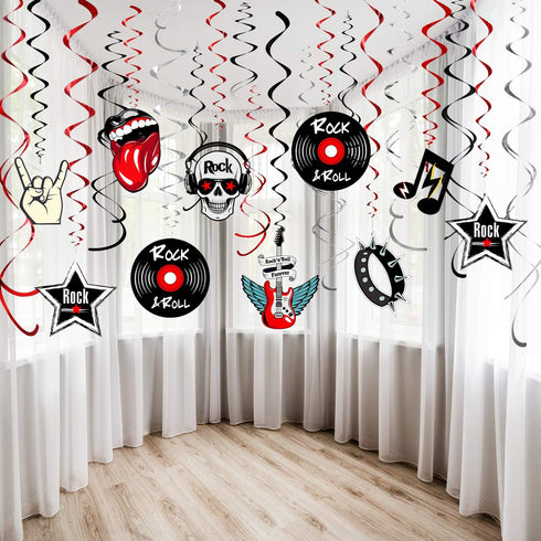 Blulu 30 Pcs Rock and Roll Theme Music Party Decorations, Retro Foil Swirl Hanging Swirls for 50s 60s Disco Event