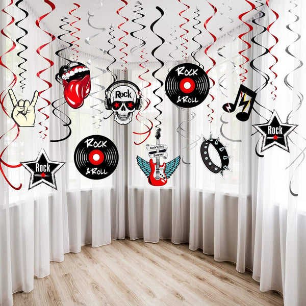 Blulu 30 Pcs Rock and Roll Theme Music Party Decorations, Retro Foil Swirl Hanging Swirls for 50s 60s Disco Event