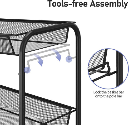4-Tier 3 TOOLF Rolling Cart, Metal Utility Cart with Hooks, Easy Assemble Mobile Storage Trolley On Wheels, Metal
