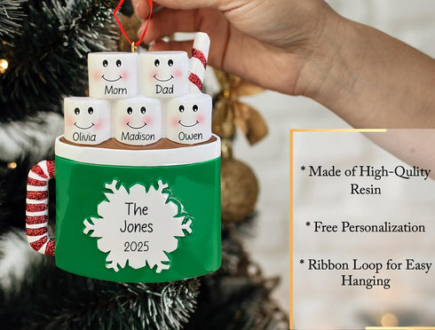 5 2025 Personalized Marshmallow Family of Christmas Ornament | Hot Cocoa & Chocolate Cup for Xmas Tree First Christmas