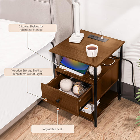 Our Modern Space Wooden Nightstand with Charging Station USB Port and Single Drawer | Bedside Table End Cabinet