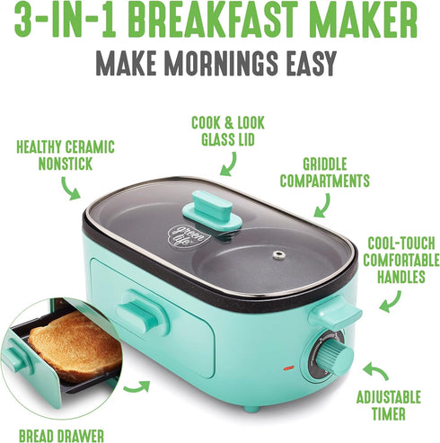 GreenLife 3-in-1 Breakfast Station, PFAS-Free Dual Griddles for Eggs, Meat, Pancakes & 2-Slice Toast Drawer
