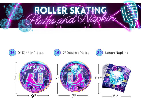 Blue Orchards Roller Skating Party Plates and Napkins (52 pieces for 20 Guests) - 90s Party Supplies, Skate Party