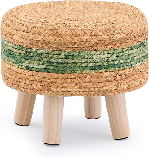 Handwoven Round Ottoman, Natural Water Hyacinth Outdoor Patio Pouf Seagrass Low Stool
