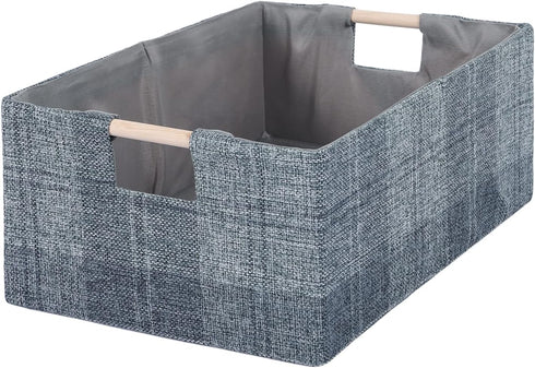 Collapsible Fabric Storage Bin Box - Cotton Linen Storage Cube with Wooden Handles, Medium Dark Gray Plaid Organizer