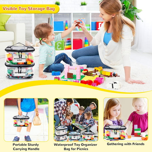 6 Pack Tesuko Clear Toy Storage Bag with Name Tag& Manual Pocket, Waterproof Transparent PVC Toy Organizer Case