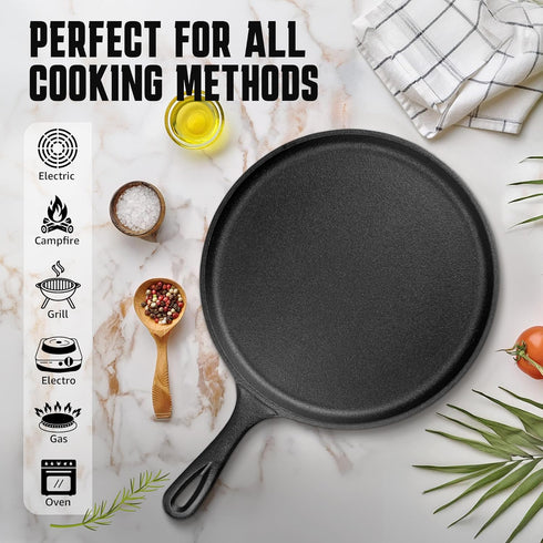 Cast Iron Round Griddle 10.5 Inch, Pre-Seasoned Pan with Heat-Resistant Handle for Indoor Outdoor Cooking
