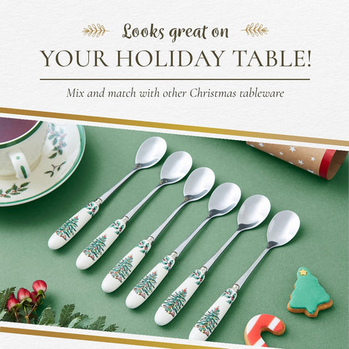 Spode Christmas Tree Teaspoons Set of 6, 6-Inch Stainless Steel Holiday Silverware with Porcelain Handles