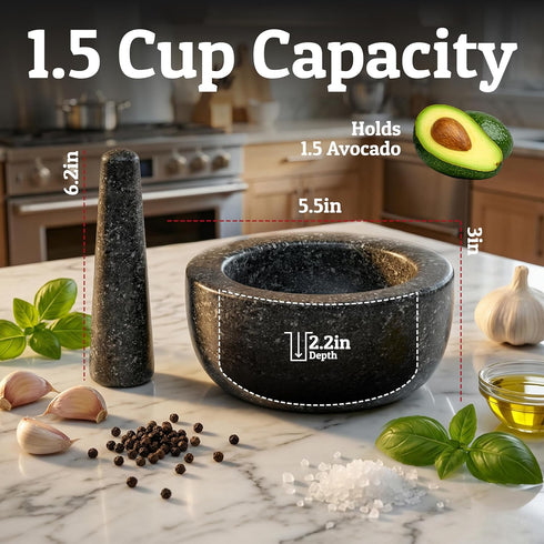Set, 1.5 100% 5.5 Inch Priority Chef Heavy Duty Mortar and Pestle Cup, Granite, Non Slip Base, Make Fresh Guacamole