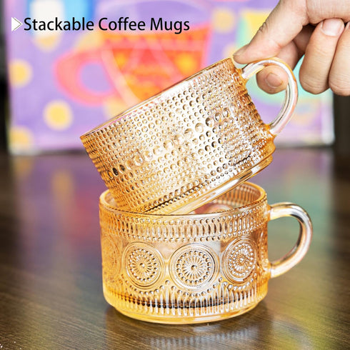 4pcs 14oz Set Ollieroo Coffee Cups,Vintage Coffee Mugs, Overnight Oats Containers with Lids and Spoons, Coffee Glasses